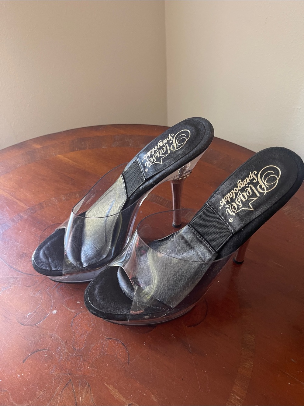 Pleaser Black Platform Heels with Clear Vinyl Strap
